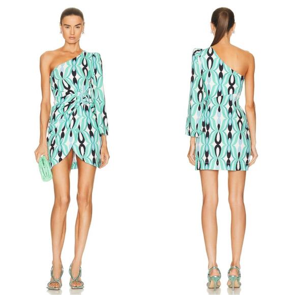 PatBO Twist One Shoulder Ruched Long Sleeve Belted Piscene Blue Mini Dress Sz 4 - Picture 1 of 10